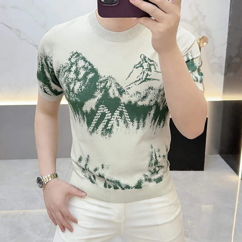 Luxury Knitted Short Sleeve T-shirt Men 2026 Summer Ice Silk Round Neck Casual T-shirts Breathable Versatile Social Business Tee