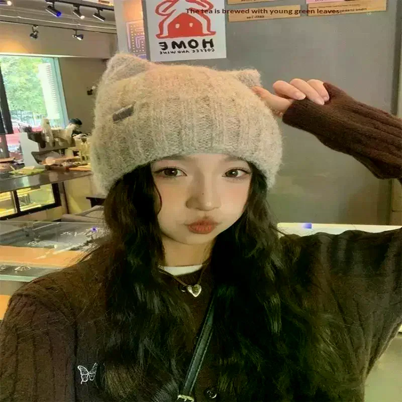 القط الأذن قبعة الشتاء قبعة دافئة محبوك قبعة مع يندبروف سميكة تصميم لطيف الخريف الشتاء الملحقات الدافئة