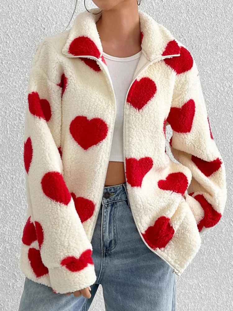 Wmstar Women Heart Print Jacket Zip Up Stand Collar Coat Long Sleeve Loose Casual Warm Outerwear Cute Daily Street Outfit