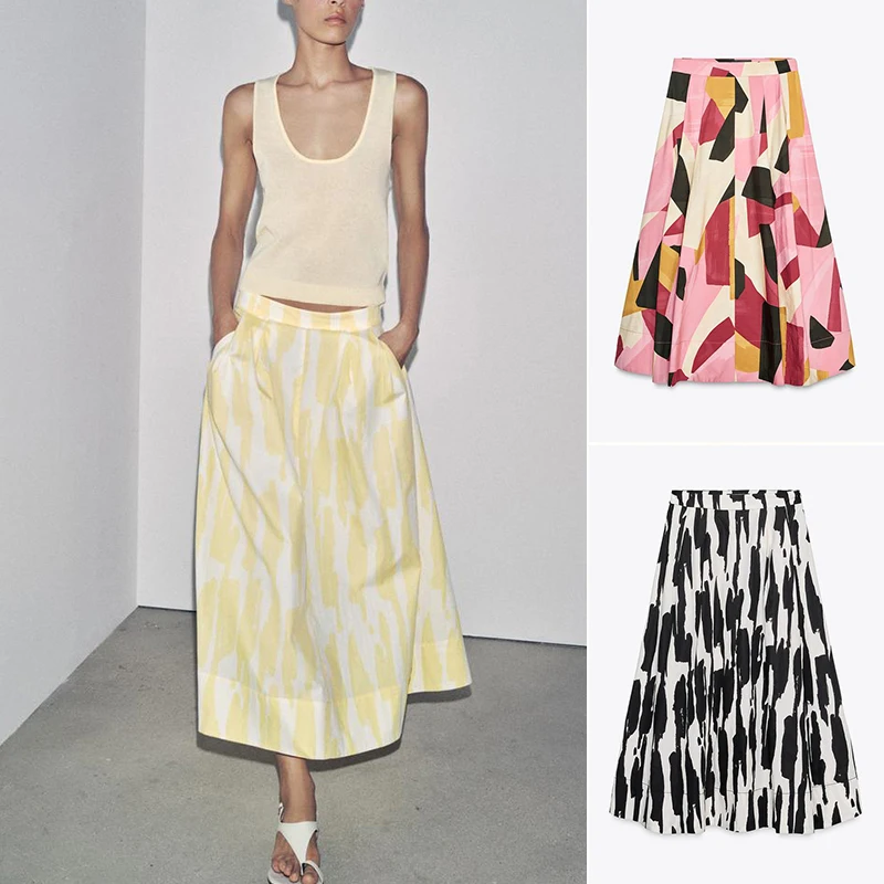 

Новая летняя женская юбка-миди трапециевидной формы с высокой талией и принтом, Ткань Tfeta, декоративные складки, для поездок на работу, с цветочным узором