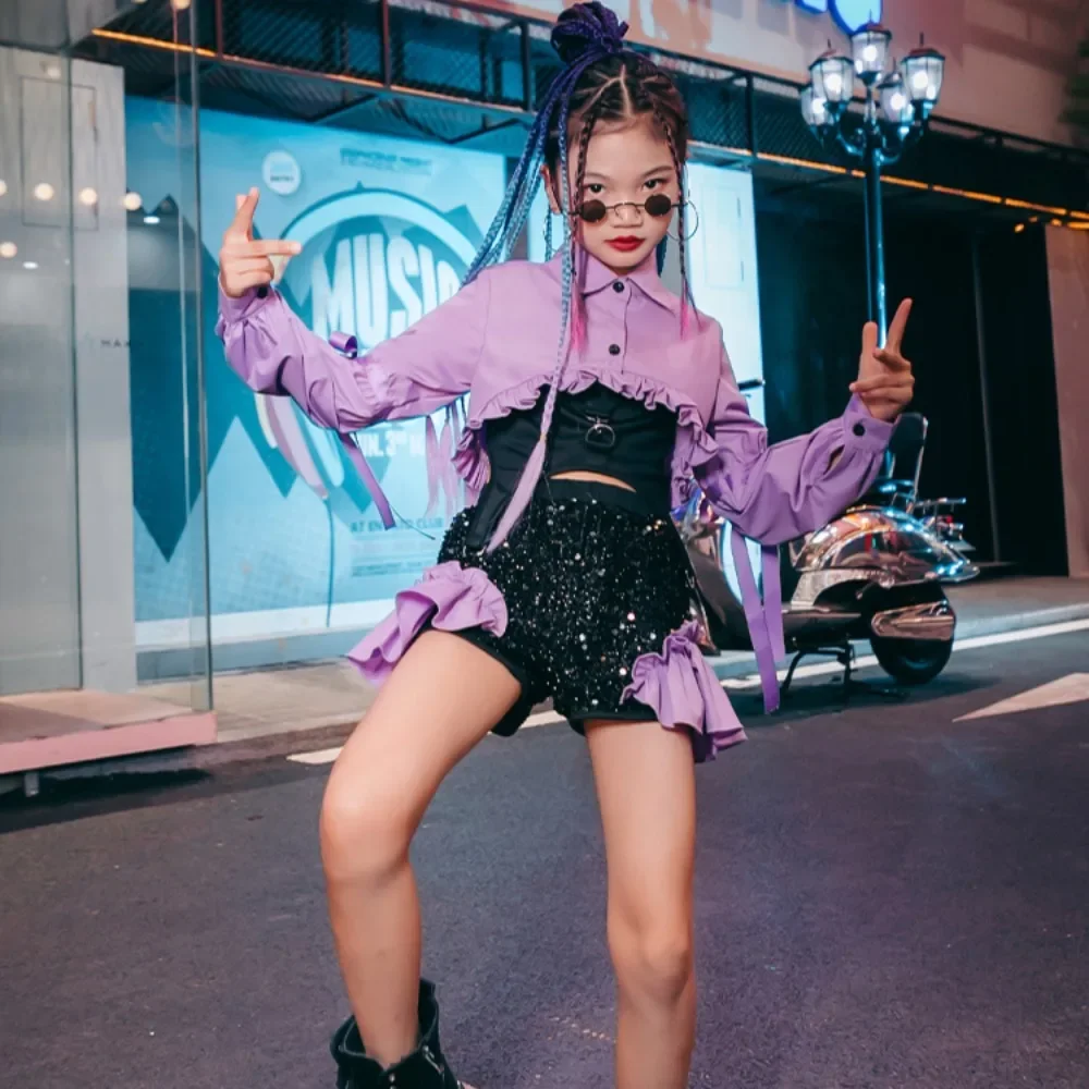

Hip-hop Outfit Jazz Costumes Perform Dance Wear Pant K-POP Glitter Sequined Sparkly Clothing Kids Bling Street Wear Girls Party