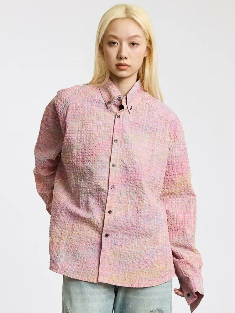 Women Colorful Shirts Girlish Gradient Tender Comfortable Spring Plaid Autumn Sweet Button New Schoolgirls Slouchy Korean Style