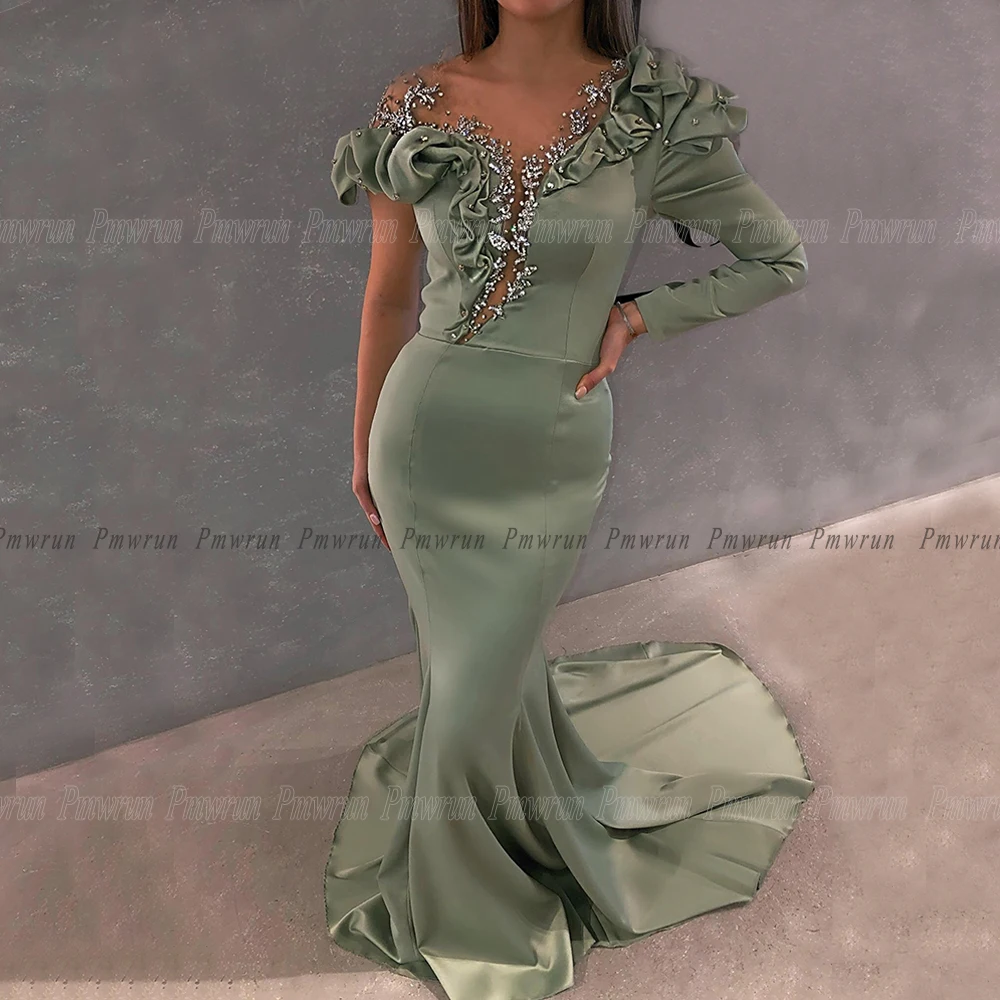  Mermaid Evening Party Gowns For Woman Long Sleeves Sweep Train With Glitter Beading Sheer Prom Dresses Vestido De Fiesta