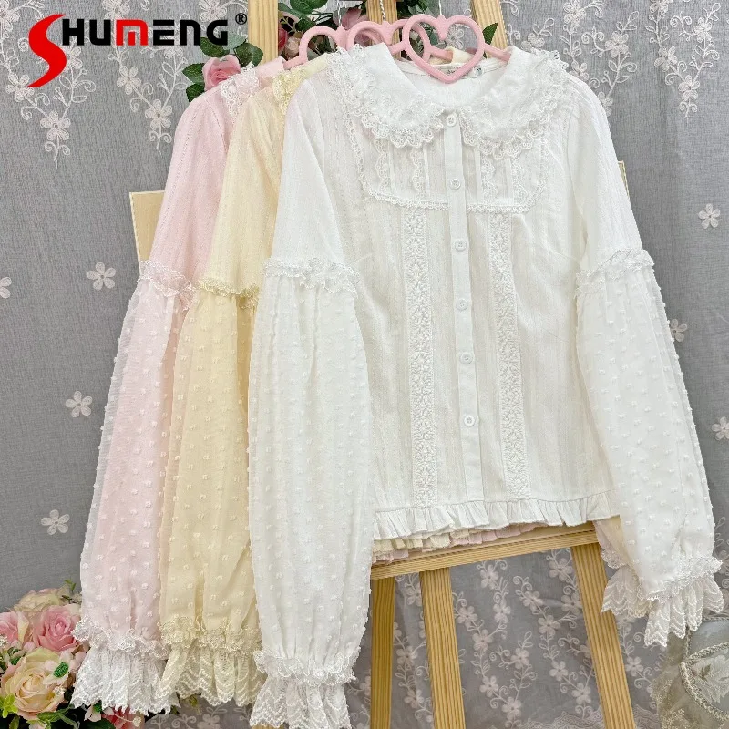 

New Japanese Sweet Style Lolita Long Sleeves Shirt Doll Collar Lantern Sleeves Inner 2026 Spring Autumn Y2k Tops Blusas De Mujer
