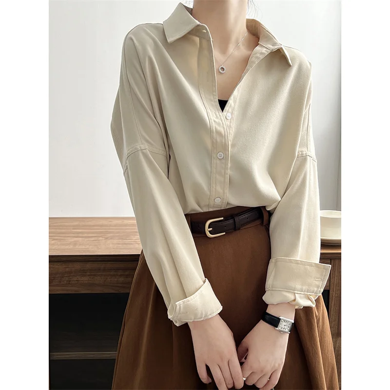 BF Style Retro Brushed Shirt for Women's 2024 Spring Autumn Loose Fitting Long Sleeved Lapel Collar Button Clothing  Korean New