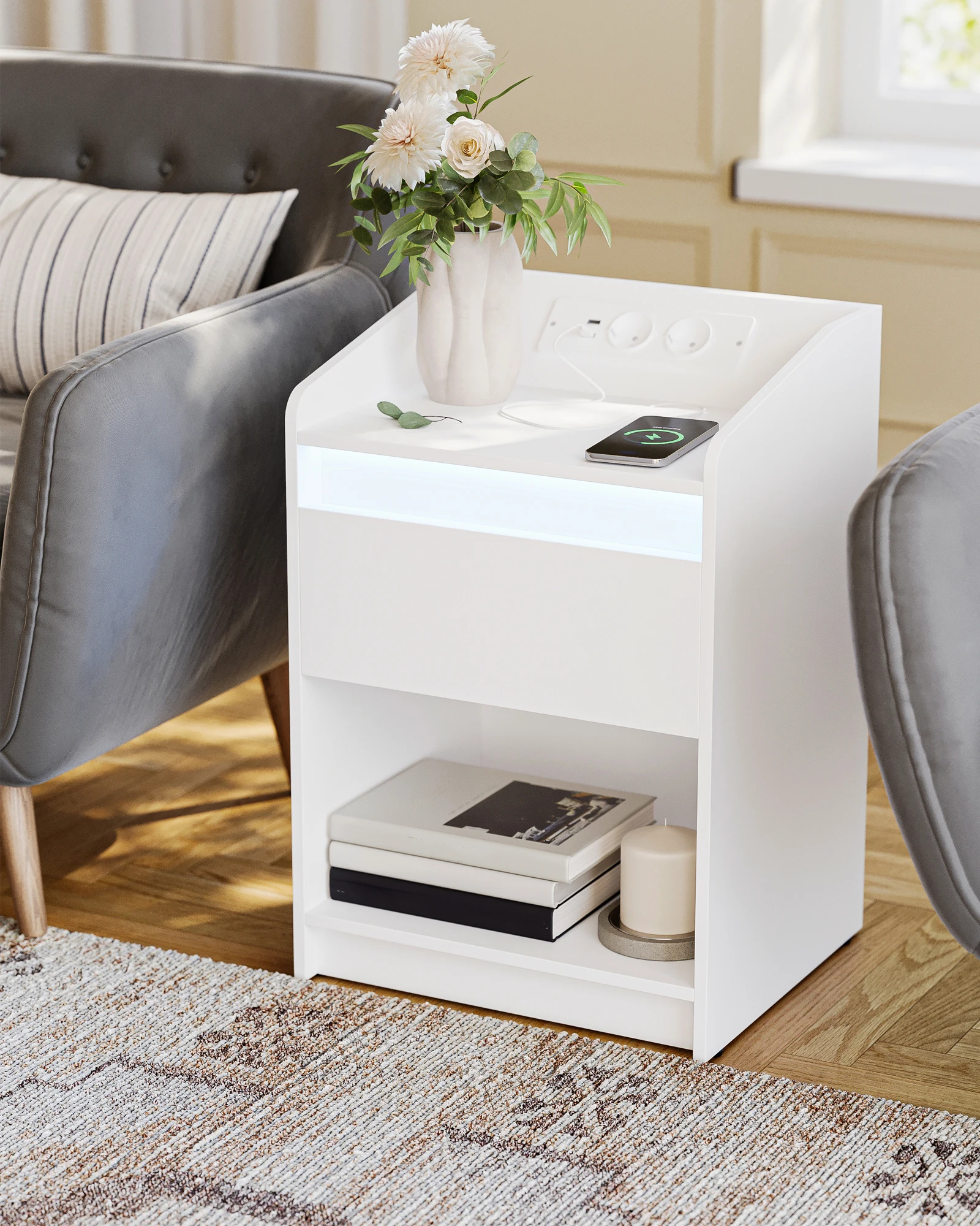 Comodino con Luce LED, Stazione di Ricarica, 1 Cassetto, 2 Porte USB, 2 Prese, Scomparto Aperto, per Camera da Letto