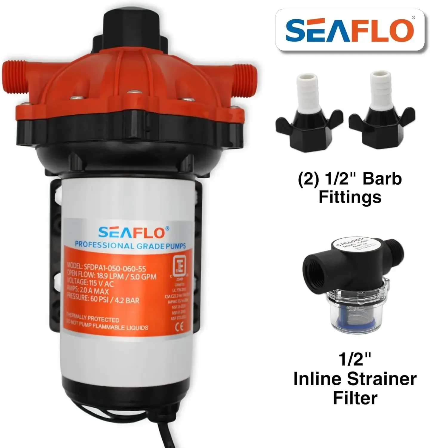55 Series 115V AC Automatic Demand Diaphragm Pump – 5.0 GPM, 60 PSI, 5-Chamber Self-Priming Water Pump w/Power Plug for Outlet,