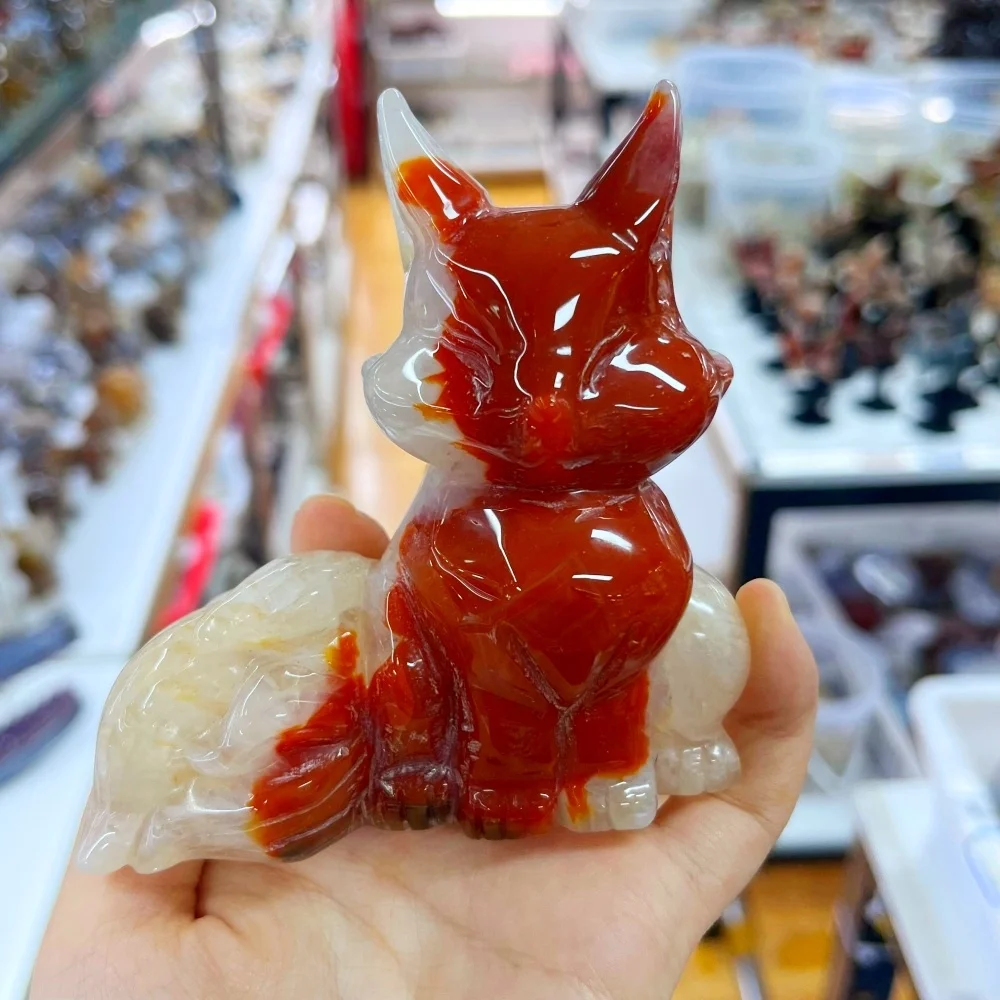 1PC Natural Red Agate Nine-tailed Fox Hand Carved Sculpture Animal Crystal Healing Stone Ornament Home Decor Desktop Craft Gift