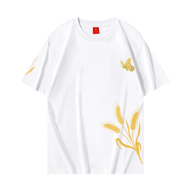 100% Cotton Chic Flower Embroidery Short Sleeve Trendy Fashion Men\'s T-shirt Summer Oversize Tshirt