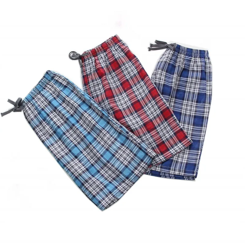 Short de plage à carreaux pour hommes, sous-vêtements décontractés, demi-pantalon, short de bain, short de maison, bas de sommeil d'été, 100% coton, 3 pièces par lot