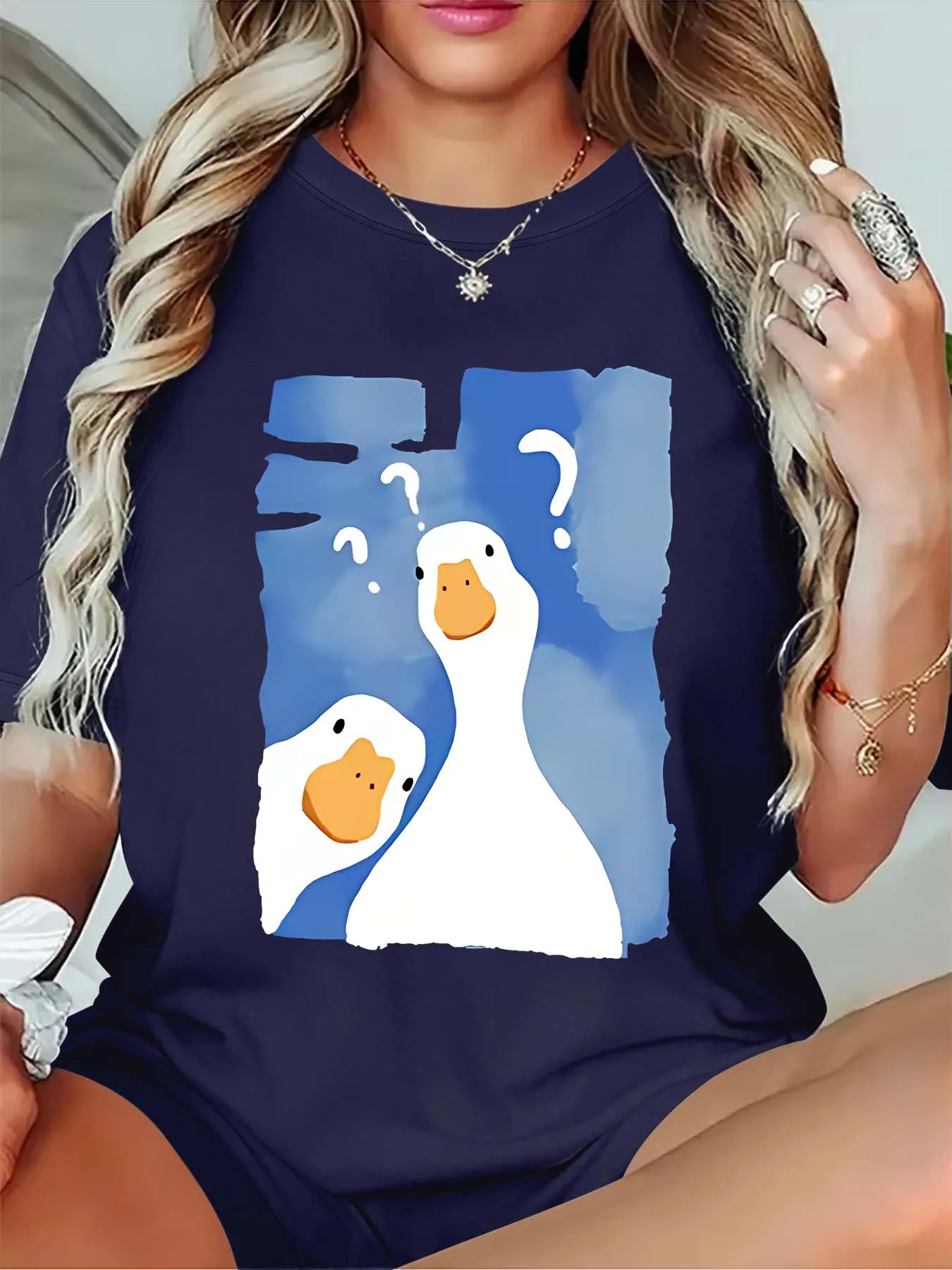 

Женская футболка больших размеров, футболка с рисунком милых уток со знаками вопросов