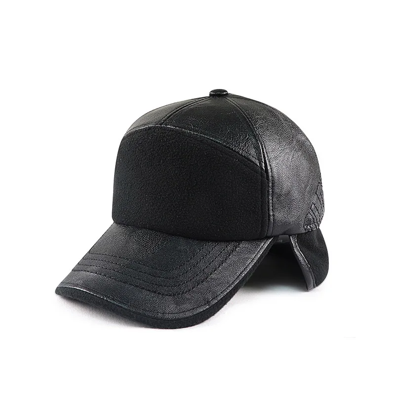 Winter New Ear Protection Pu Leather Baseball Cap Men's Middle-aged And Elderly Warm With Velvet Peaked Cap