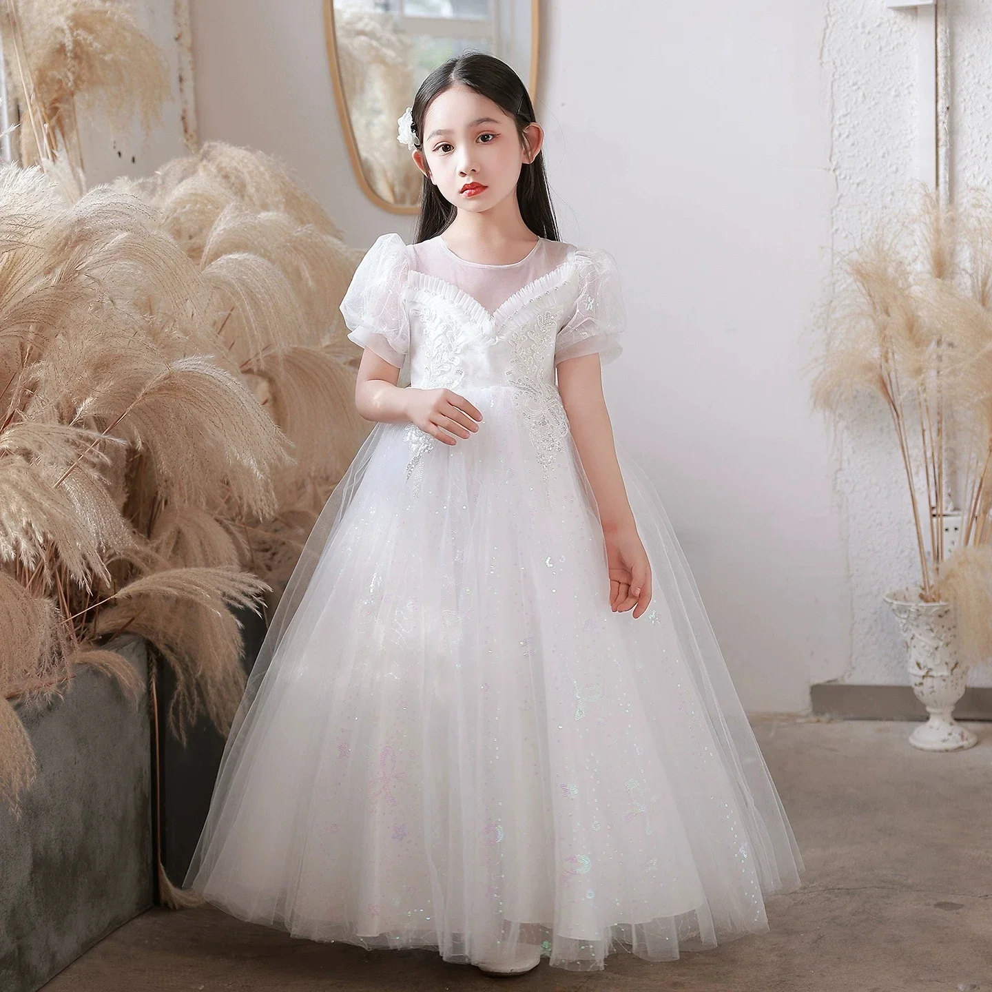 Novo Vestido de Dama de Honra Infantil 2026 Branco com Manga Bufante de Tule, Vestido de Baile para Casamento, Concurso, Festa, Vestido Formal de Noit