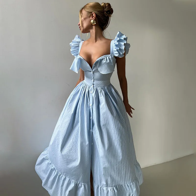 

TARUXY Striped Ruffled Hem Casual Dress Women's New Summer Button Cardigan Waist-Cinching Long Dress Female Dating Party Dress