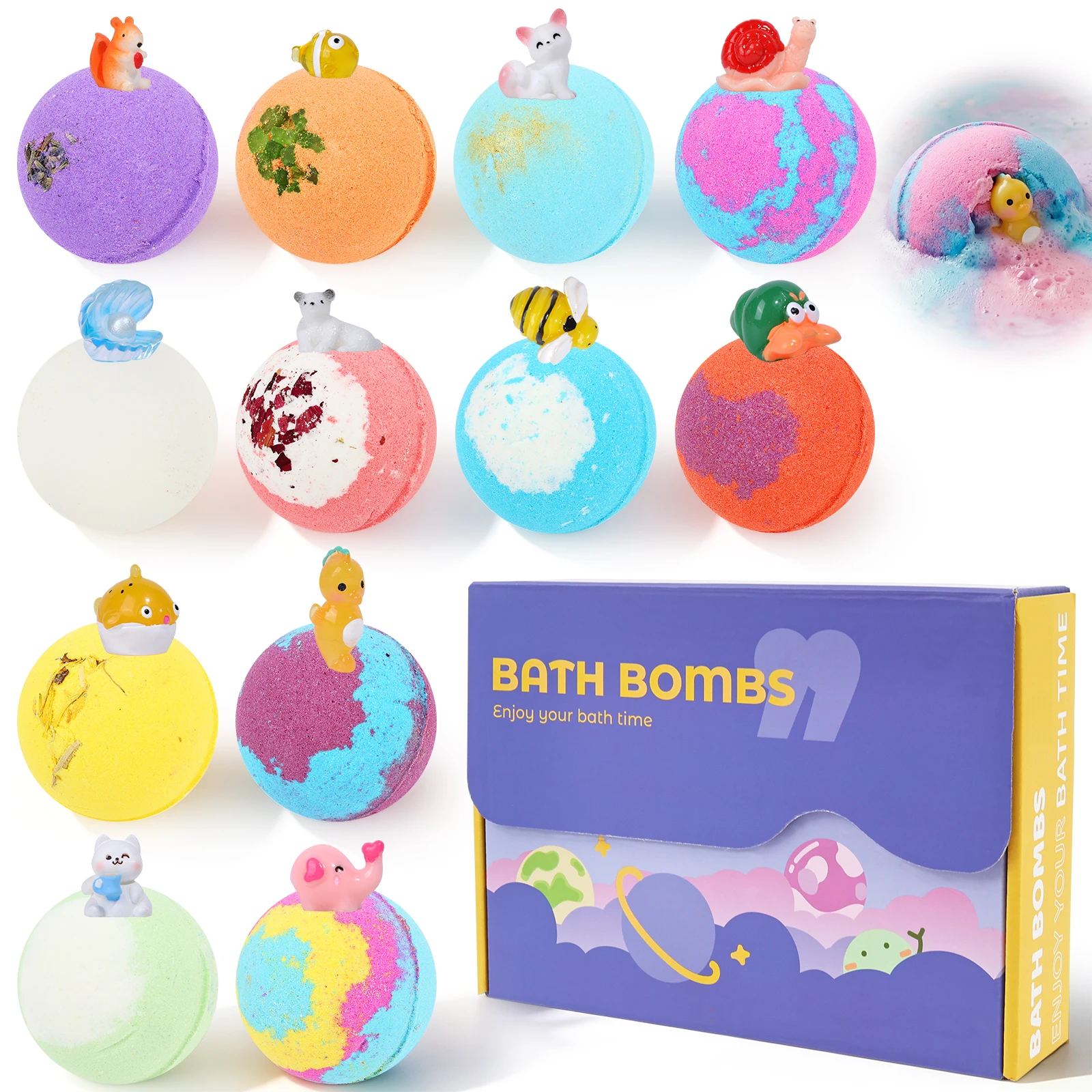 12Pcs Kids Bubble Bath Bomb 1.97 Inch Natural Handmade Aromatic Bath Bomb with Surprise Toy Skin Friendly Bath Toys for Bathroom