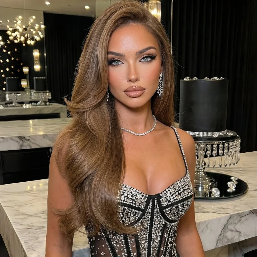 

Готовые к носке длинные волнистые коричневые парики с HD-кружевной передней частью 13x4 для чернокожих и белых женщин, термостойкие синтетические парики с центральным пробором