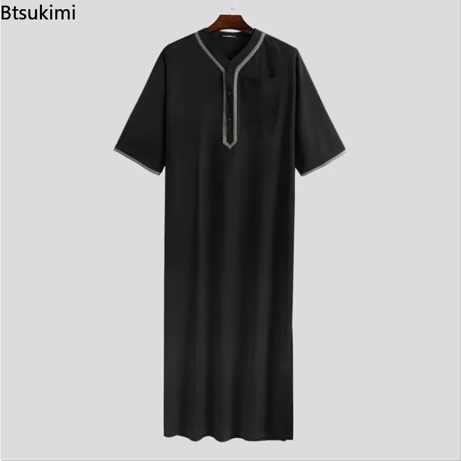 Mężczyźni Vintage Half Sleeve Muslim Kaftan Robes Leisure V Neck Printed Jubba Thobe Solid Patchwork Arabic Clothes Plus Size S-5XL