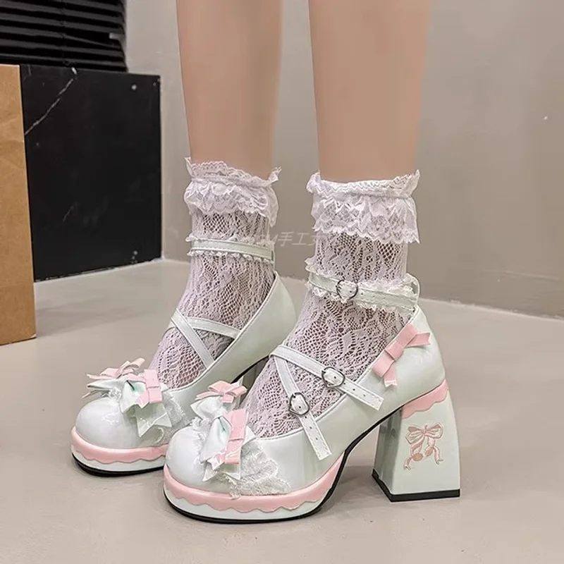 Sweet Plus Size High Heels Lolita Shoes Women's Lace Bow Jk Single Shoes Lo Shoes Girl Mary Jane Leather Shoes