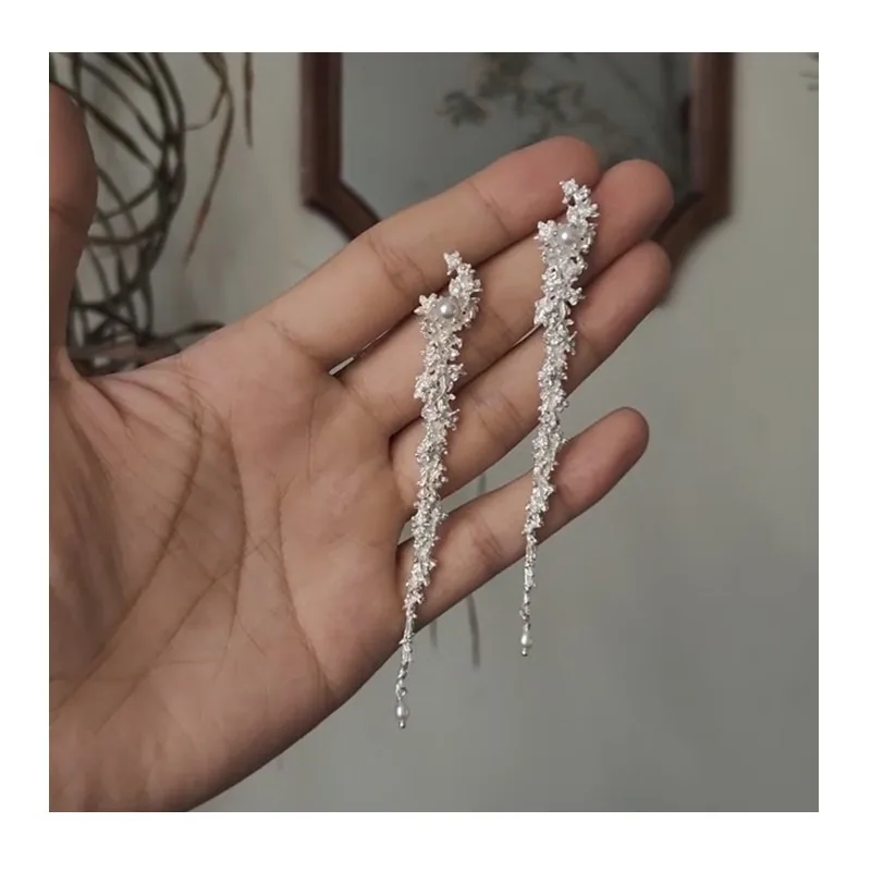 

New Silver Long Tufted Flower Pearl Stud Earrings Long Flower Tassel Women's Guochao Retro Hanfu Accessories Earrings