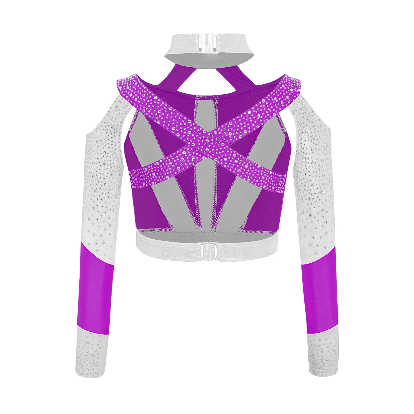 Girls Lyrical Yoga Belly Dance Costume Long Sleeve Shiny Rhinestone Cross Back Cutout Crop Top for Ballroom Stage Dance Show