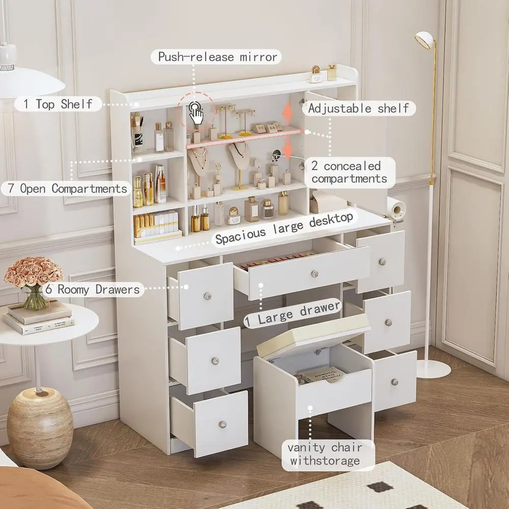 DAFIFY Mirror & LED Lights Desk with Power Outlet, Dimmable Lighting, 7 Drawers & Storage, Padded Stool - Bedroom Dressing Room