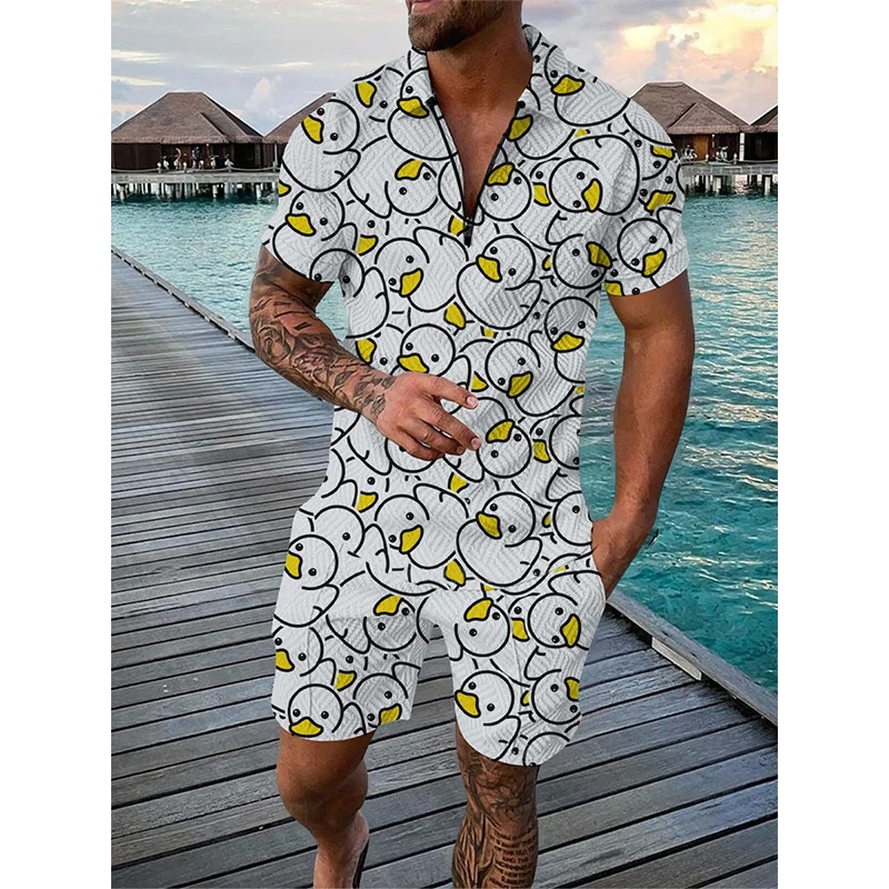 3D Cartoon Duck Pattern Print Men's Sets Fashion Zip Polo Short Sleeve Top +Shorts Outfit Summer Street Trend Oversized Tee Suit