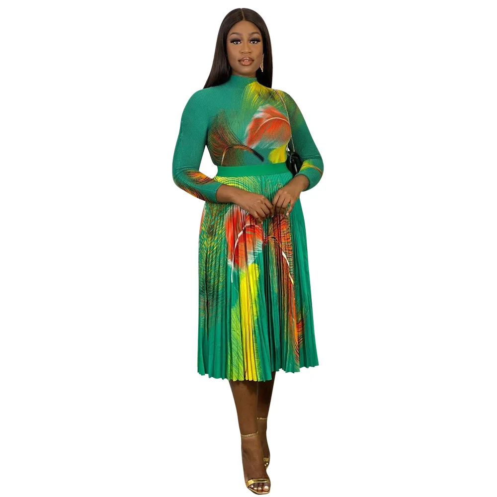 

Fashion Women's 2-Piece Set 2024 Autumn And Winter New Style Fashion Printed Pullover Top High-Waist Pleated Skirt Sets Green