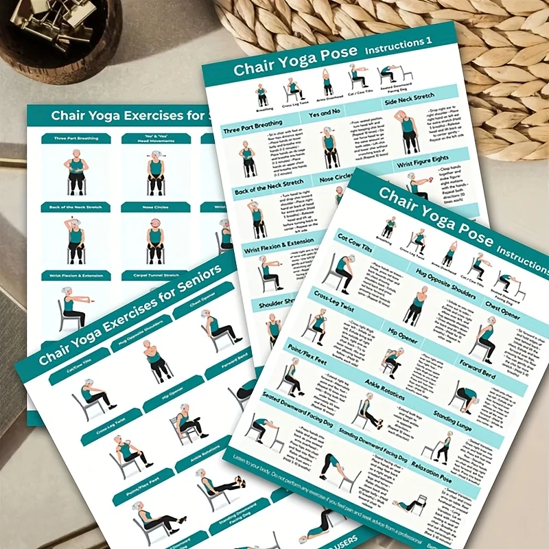 4 قطع مخطط اللياقة البدنية لتمارين اليوجا، للمبتدئين وكبار السن، دليل ممارسة اليوغا، تدريب المرونة، تمرين التحدي، مخطط اللياقة البدنية لليوجا للكرسي