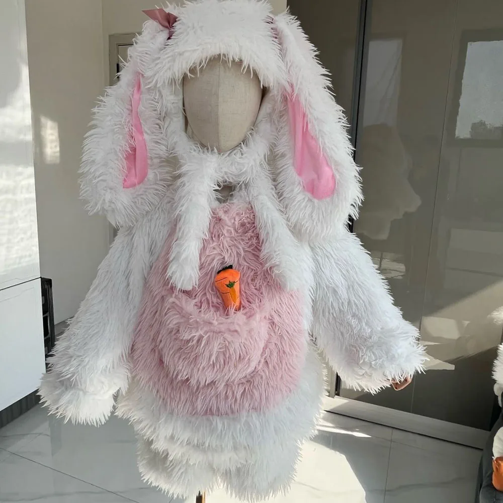Kawaii Children's Plush Rabbit Cartoon Role Playing Costume Girl Winter Plush Warm Top Pants Hat Set Halloween Party Gift