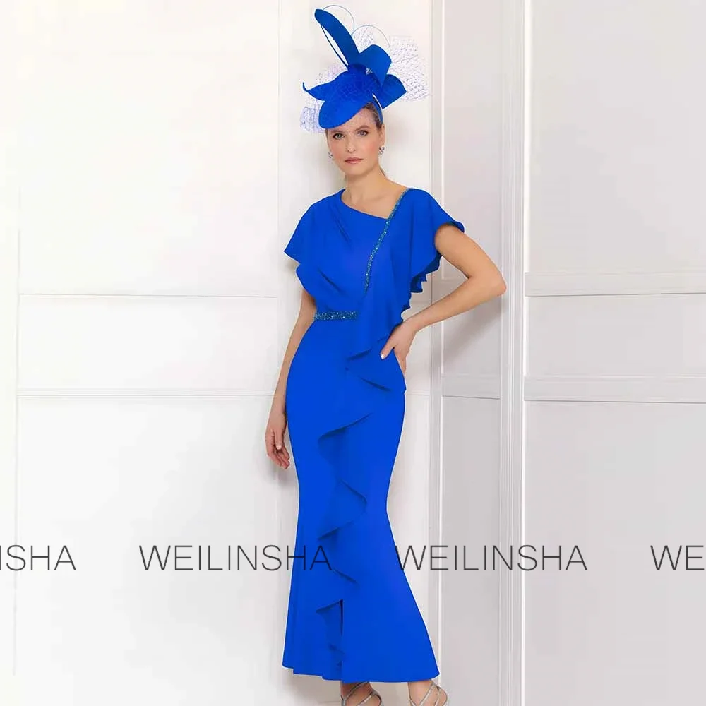 Customized Sheath Mother of the Bride Dresses 2025 Crepe Fabric Column Party Dress Royal Blue Square Neck Ruffles Pearls