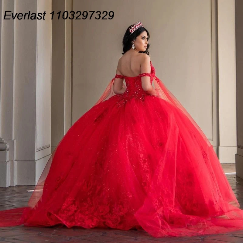 Evlast glänzend rot Quince anera Kleid Ballkleid Spitze Applikation Pailletten Perlen mit Cape Korsett süß 15 vestido de 15 anos tqd566