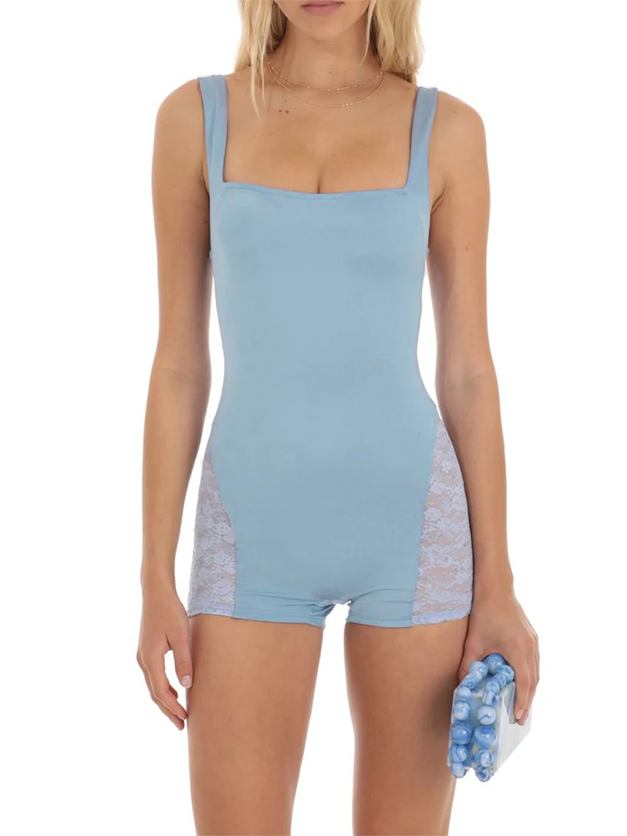 

Winkinlin Women Bodycon Short Jumpsuit Ladies Lace Trim Sleeveless Square Neck Slim Fit Short Playsuit Sexy Beach Rompers