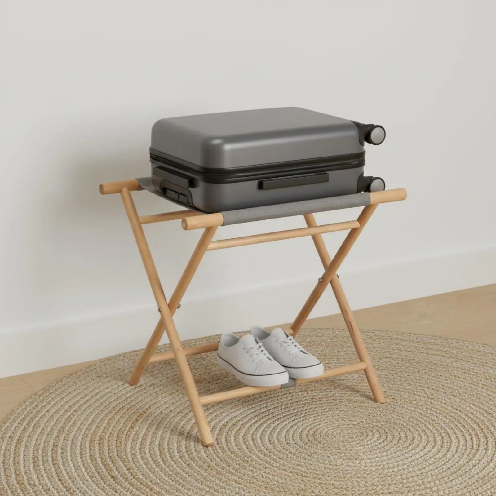Hotel Luggage Stand Solid Wood Folding Luggage Rack Wooden Suitcase Rack Heavy Duty Home Storage Sturdy Nylon Straps for Bedroom