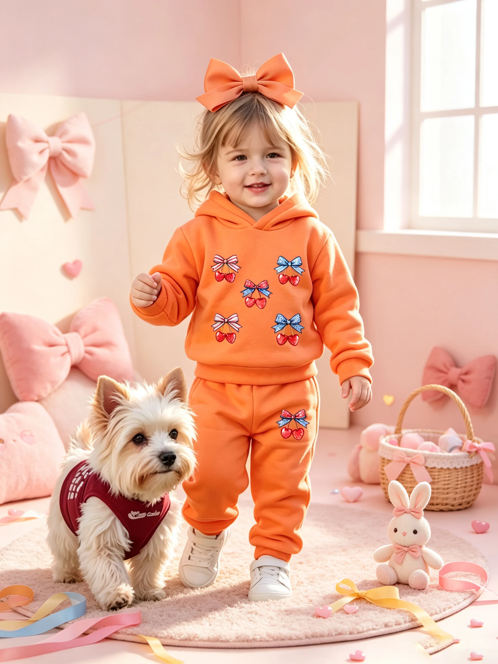 Kids Girls Bow Cherry Graphic Hoodie Tracksuit 2PCS Casual Sweatshirt Pants Outfit