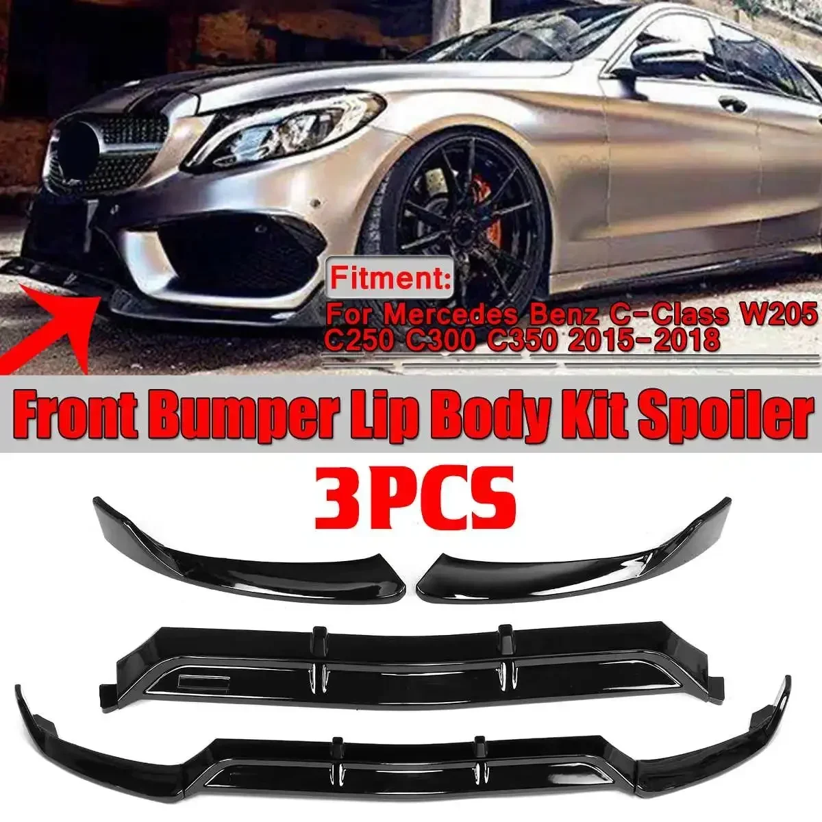 

W205 Car Front Bumper Spoiler Lip Splitter For Mercedes-Benz C Class W205 C250 C300 C350 2015-2018 Bumper Lip Chin Exterior Part