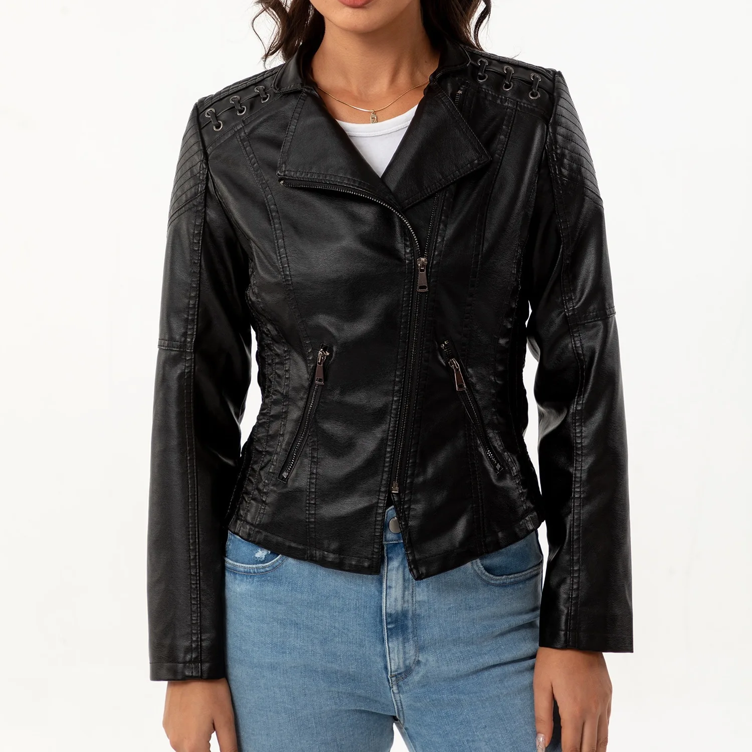 

Artificial Autumn Women's Leather Jacket Turn Down Colar Zipper Cinched Waist Slim Outwear For Lady Female's Motorcycle Jacket