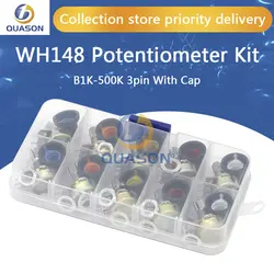 WH148 Potentiometer Kit B1K 2K 5K 10K 20K 50K 100K 500K 1M 15mm Linear Taper Rotary Potentiometer Resistor Set 3pin With Cap