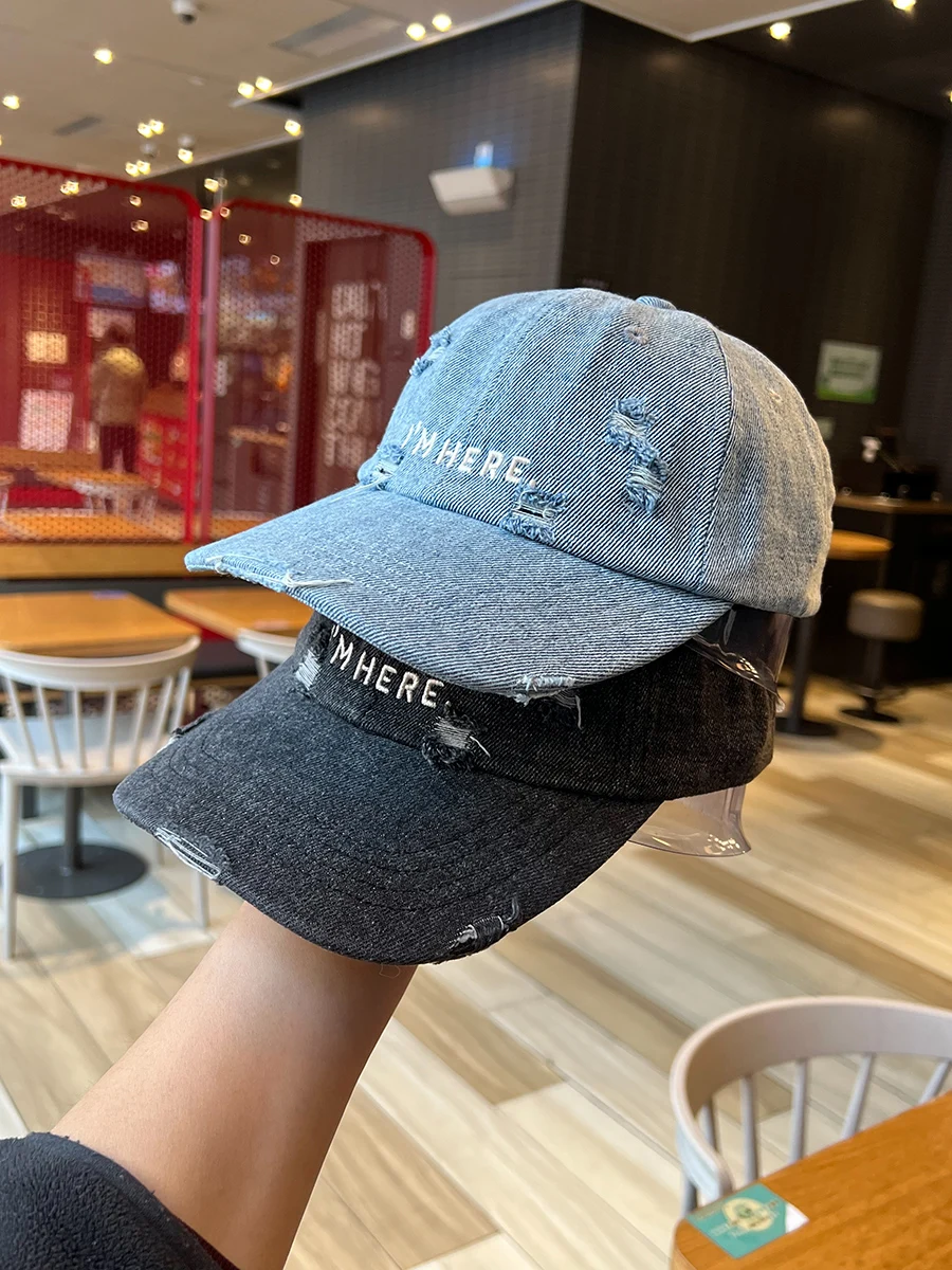 

Denim Baseball Cap for Women Spring and Summer Distressed Fashion Letter Embroidery Peaked Cap for Men