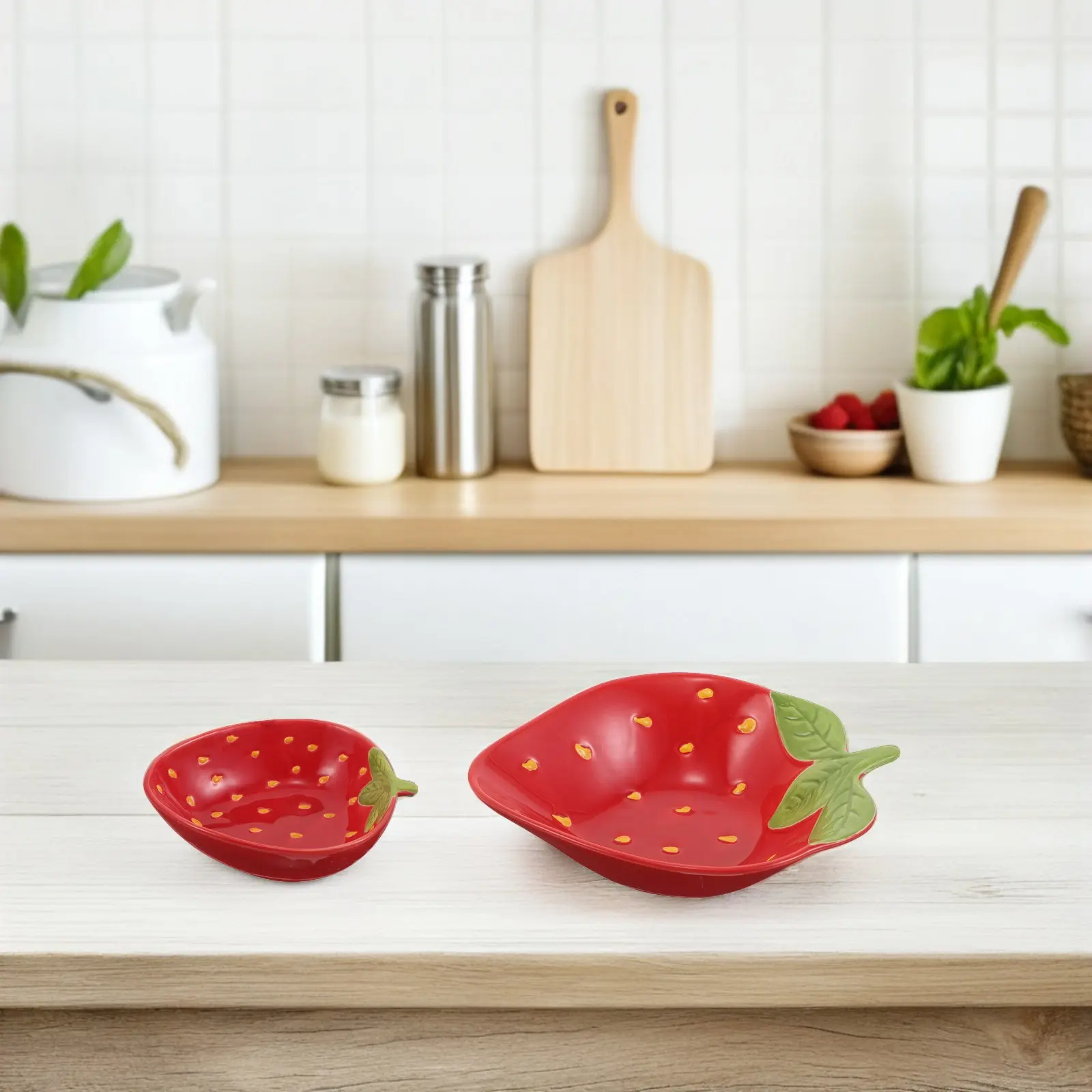 Strawberry Ceramic Bowl Set 2 Piece Cute Fruit Shaped Dessert Sauce Candy Nut Snack Dishes Kitchen Tableware