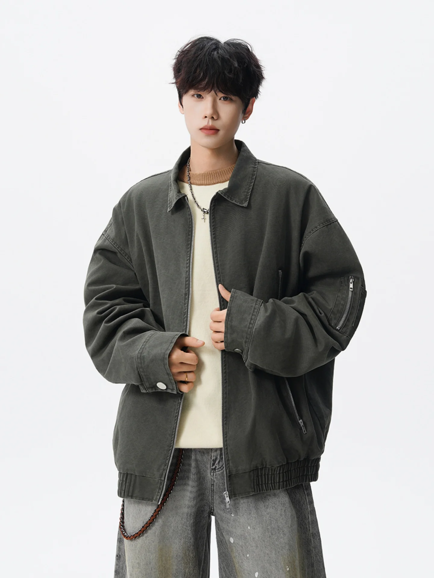 

Waed Vintage Workwear Jaet Men's American Retro Cleanfit Collar Jaet Autumn Teenage Haome Top Cotton Long Sve Zipper