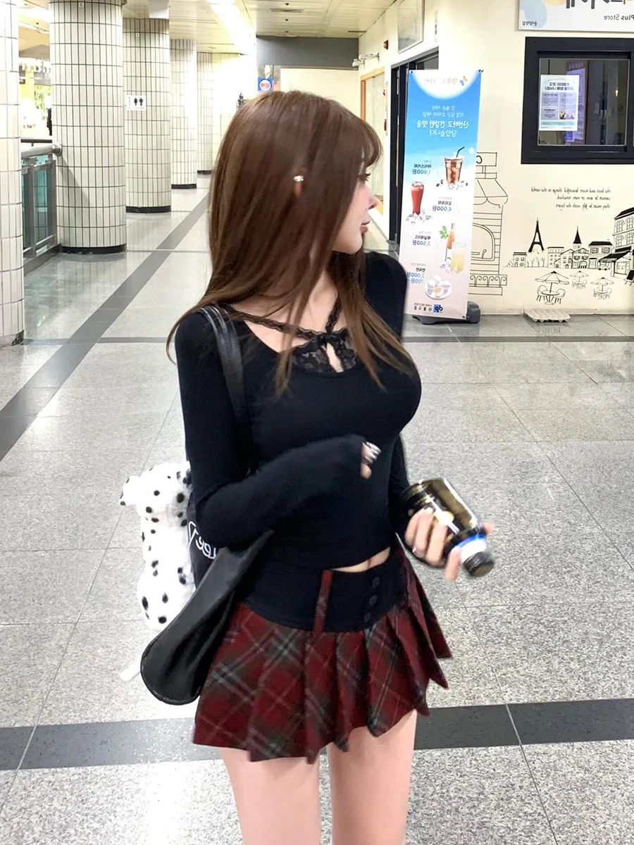 

Spicy Lace Tie Waist ort T-irt And High Waist Skirt Set Women's Faion Autumn 2024 Pure Desire Trendy Girl Outfit