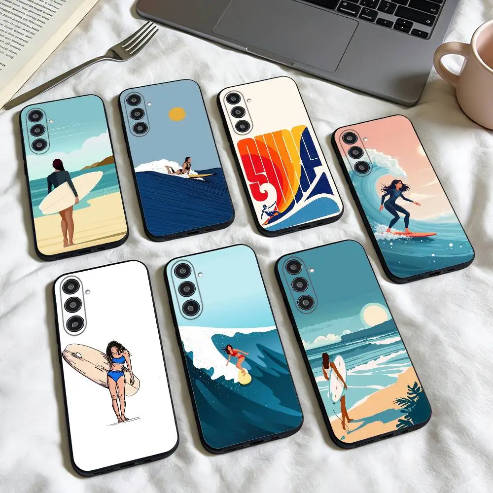 

Surfboard Surfing Art S-Surf Girl phone Case For Samsung Galaxy A73,A72,A71,A70,A53,A52,A51,Others Soft Black Shell