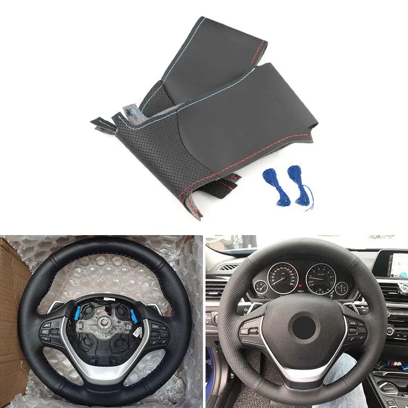 

Car Accessories Braid Steering Wheel Cover Hand Sewing Black Leather red blue line For BMW 1 2 3 Series F20 F21 F22 F30 F31 F34
