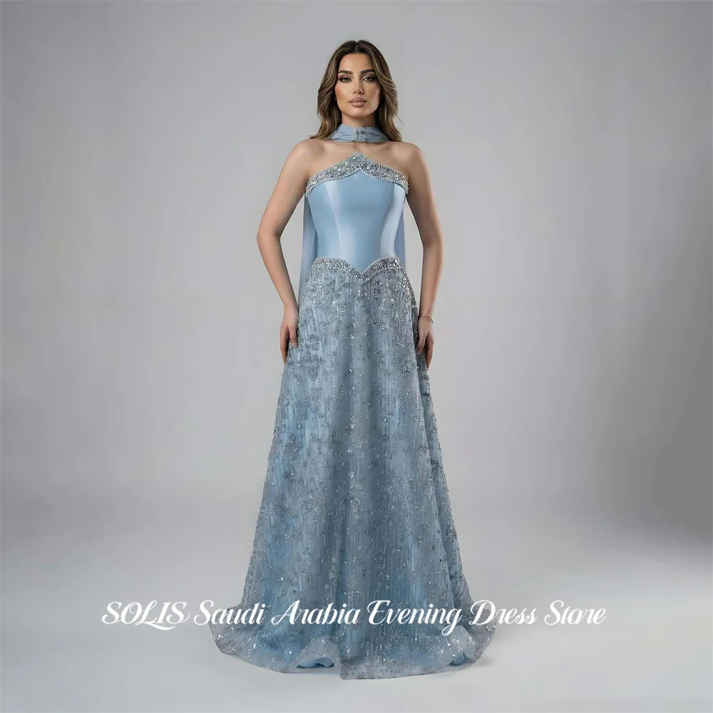 

SOLIS Dusty Blue Party Dresses Strapless A Line Evening Dresses Glitter Sequin فساتين السهرة Neck Scarf Customized