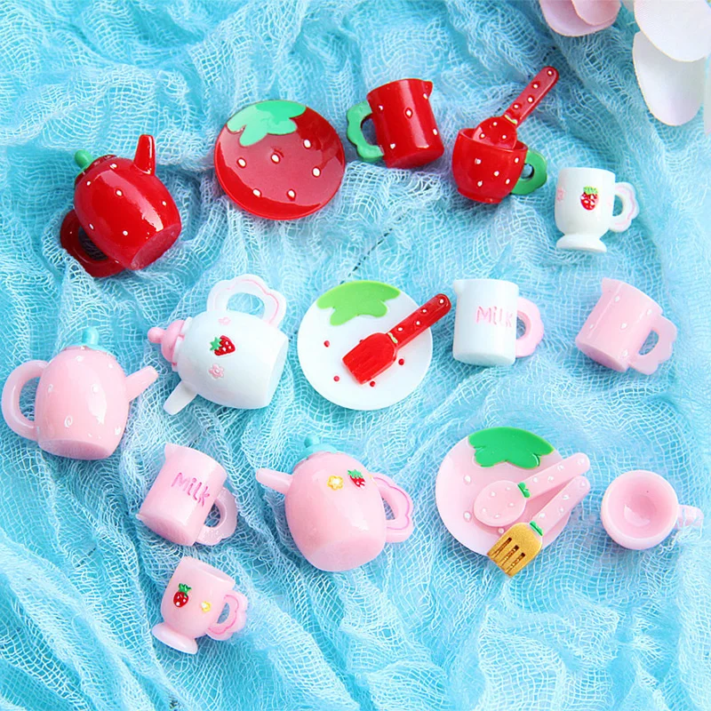 Pink Tea Set Miniature Figurine Cup Plate Teapot Knife Fork Simulated Model Home Decor Fairy Garden Decoration DIY Accessories - view 6