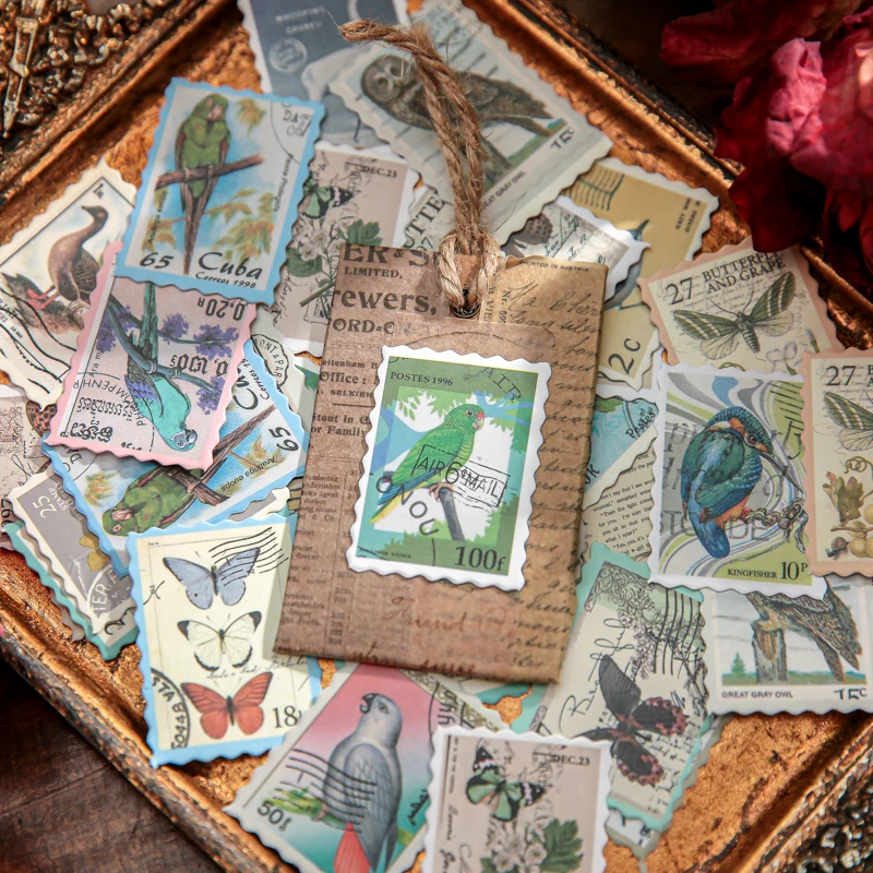 46 pcs Vintage Stamp Stickers Butterfly Plant Retro Decor Sticker Diy handmade Labels Scrapbooking Material Craft Supplies