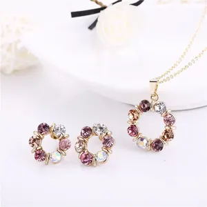 Gold necklace earrings for ladies, simple fashion style, exquisite stained glass diamond, circular jewelry, 3pcs 6 Main sales set of brightness - №3