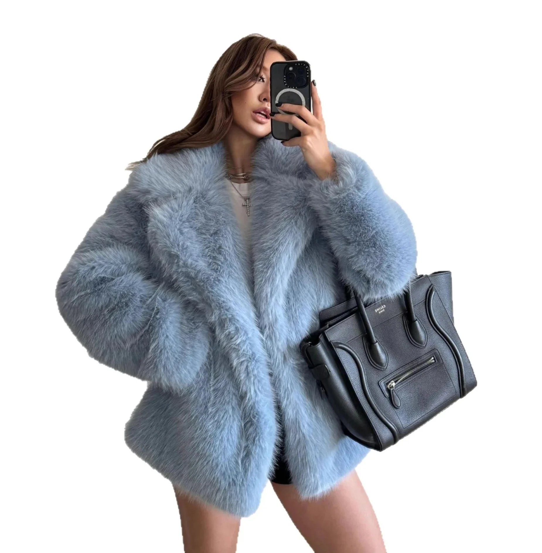 الخريف الشتاء سميكة دعوى طوق فو الفراء معطف المرأة السلس لينة فروي الثعلب الفراء سترة الأزياء أفخم معطف معطف الفرو وهمية