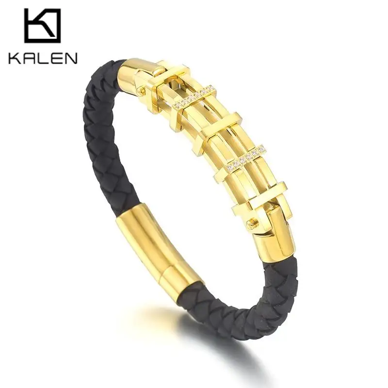 New Personalized Braided Rope Charm Zircon Leather Bracelets for Men Free Gifts Stainless Steel Magnetic Button Jewelry Hapiship