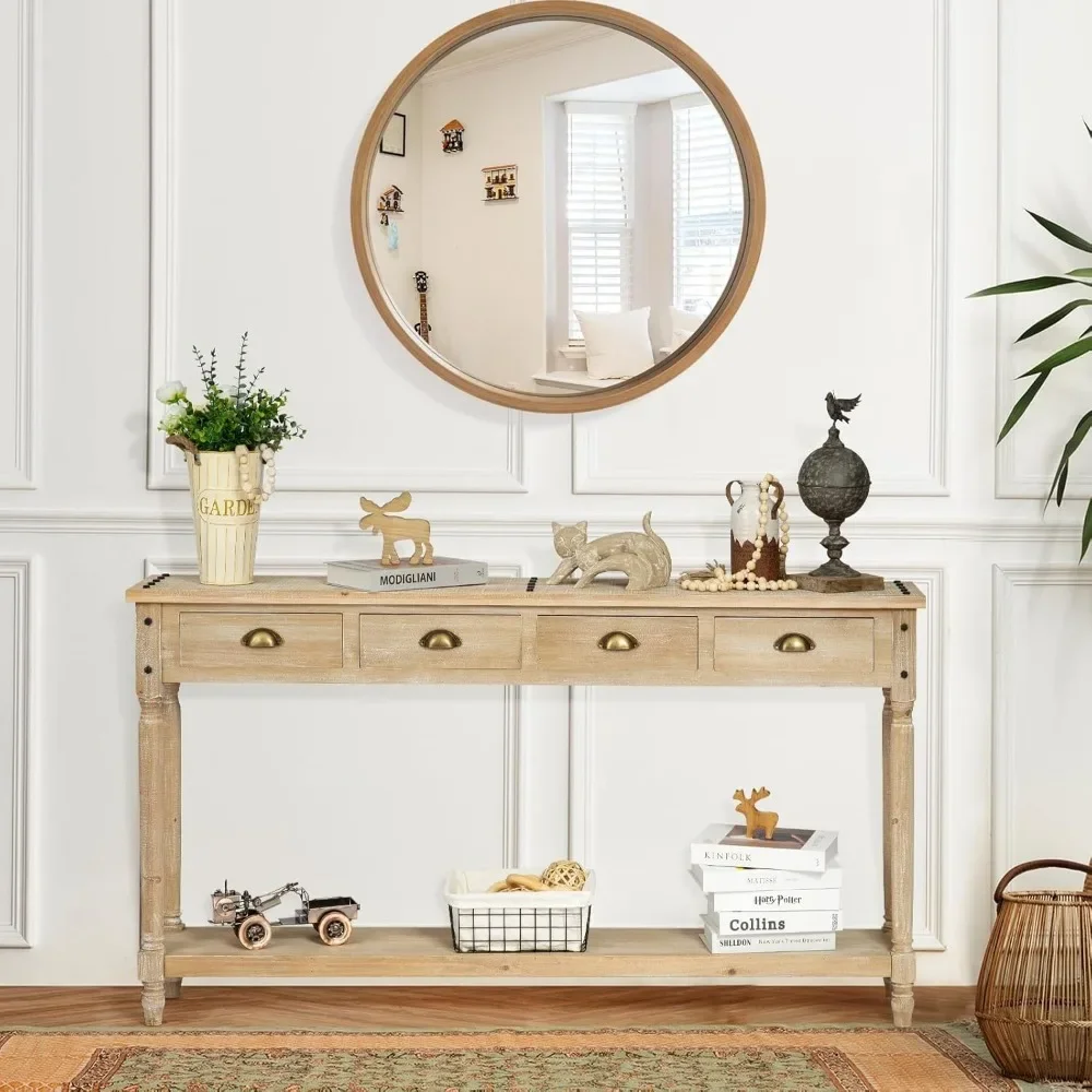 Farmhouse Console Table with 4 Drawers, 60" Long Narrow Boho Sofa Foyer Table with Large Storage Space, Solid Wood Frame